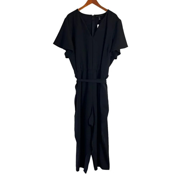 Lane Bryant NEW Black Jumpsuit Size 28 Short Flared Sleeves Pants Waist Tie - Picture 1 of 8